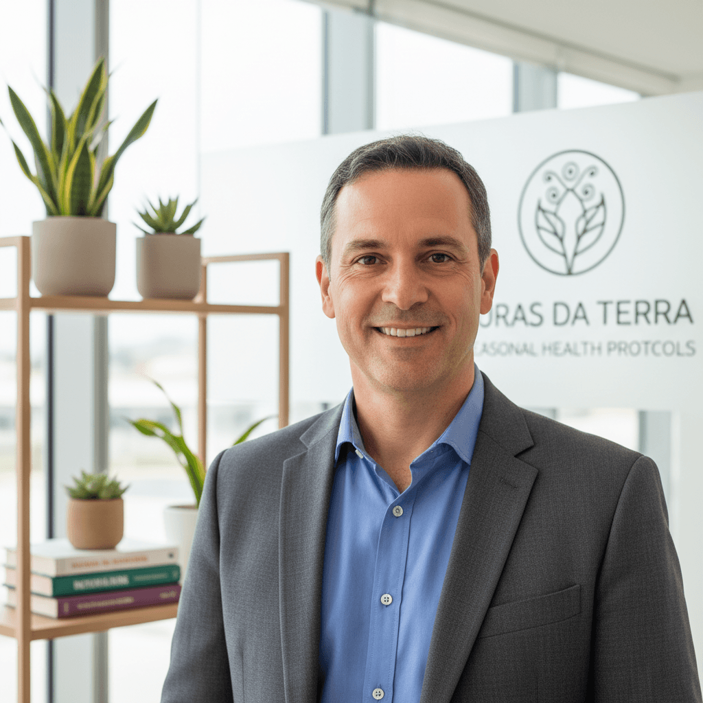 Dr. Carlos Mendes, consultant in seasonal health protocols, in a bright office setting
