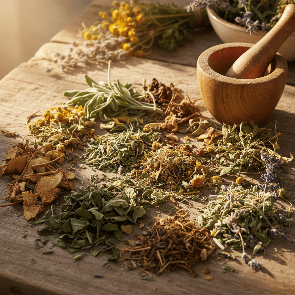 Plantas medicinais secas em superfície de madeira natural