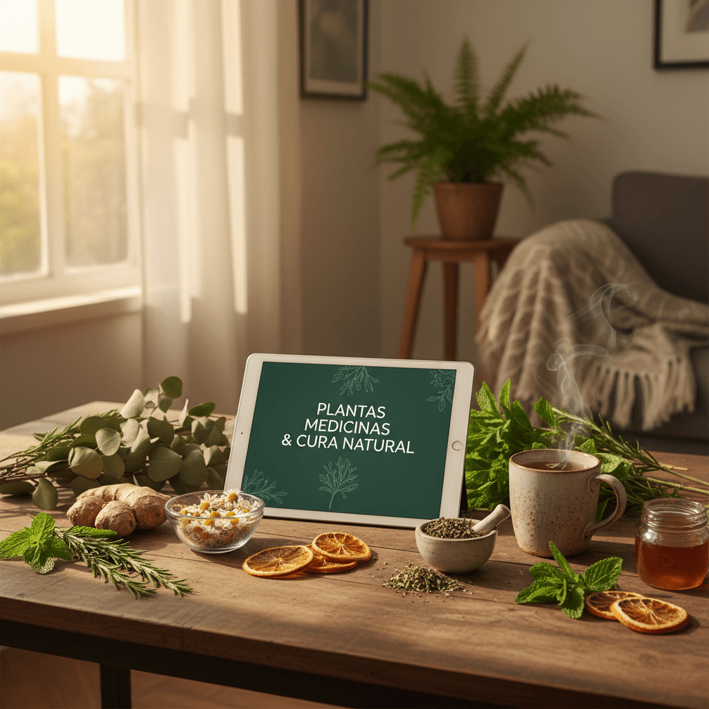 Preparação matinal com ervas medicinais e plantas em luz dourada