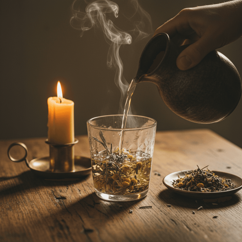 Mãos preparando chá medicinal em xícara de vidro