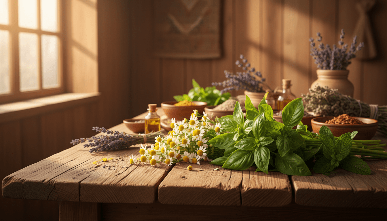 Plantas medicinais frescas arrumadas em uma mesa de madeira natural com luz natural suave