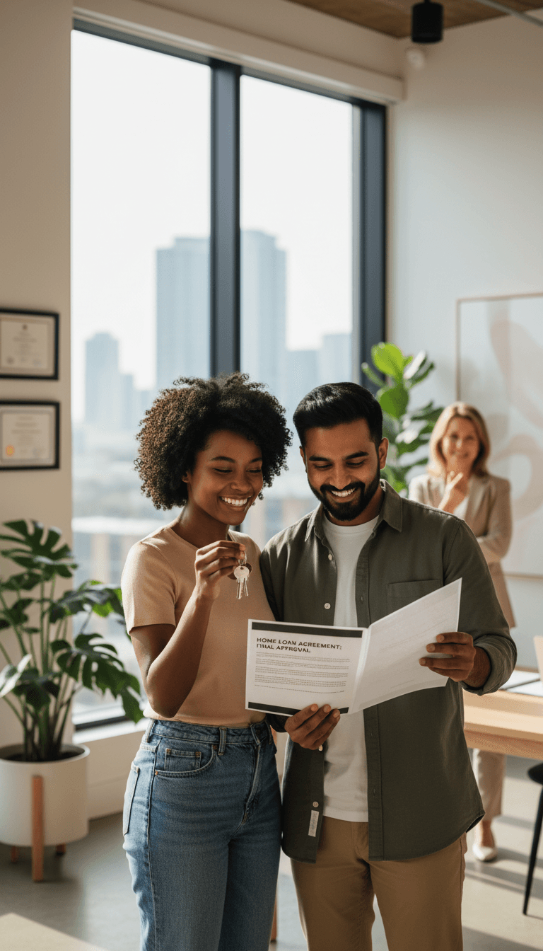 Diverse couple celebrating mortgage approval, holding keys in modern bright office with natural window light