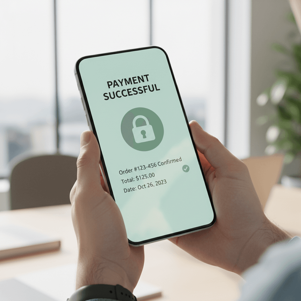 Close-up of smartphone screen showing secure payment confirmation with success message and order details