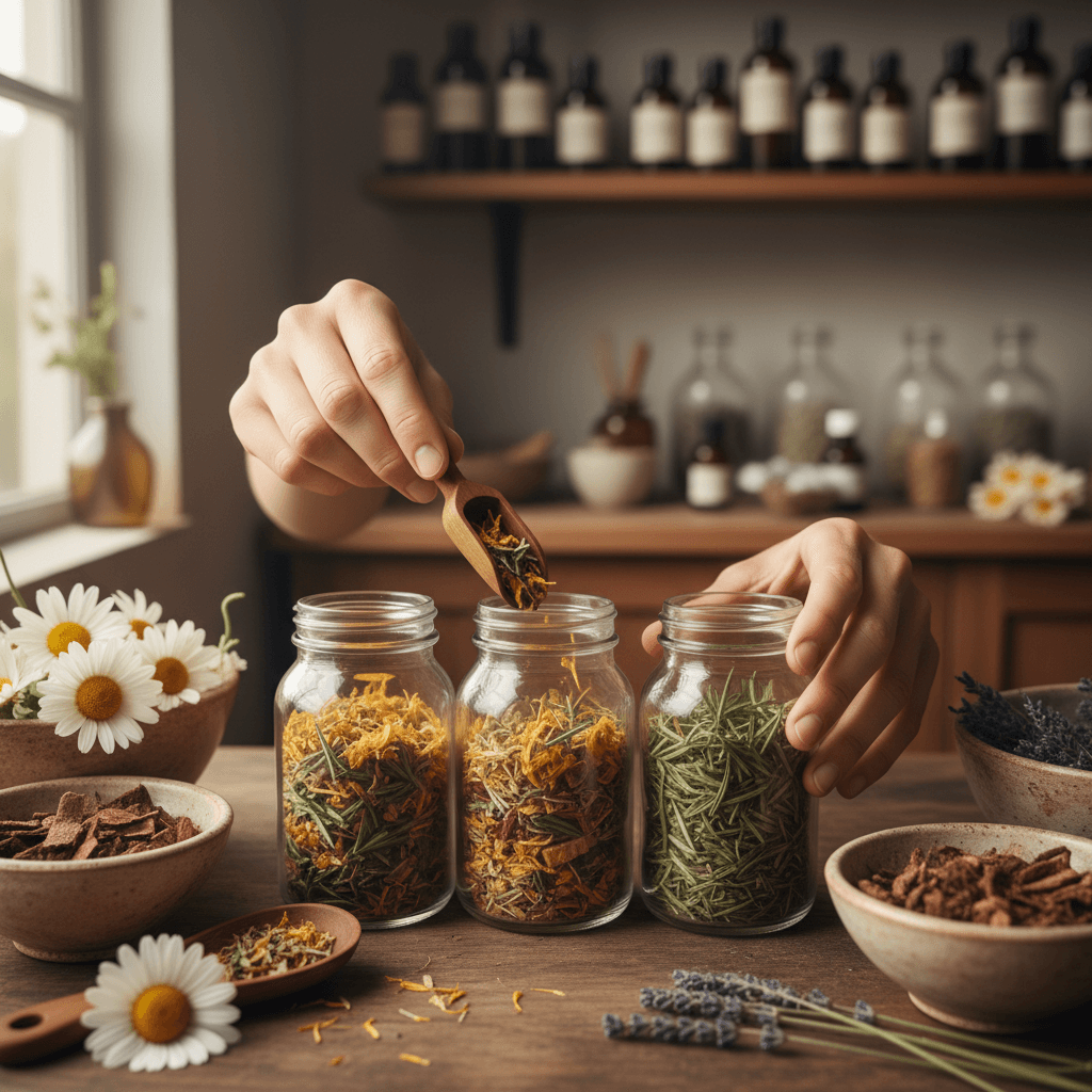 Mesa com plantas medicinais secas, frascos de vidro e anotações sobre remédios naturais