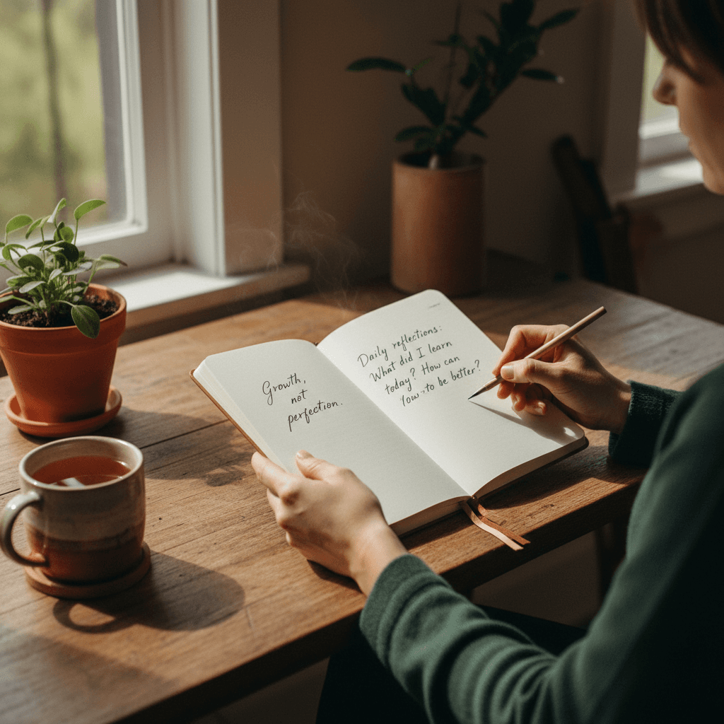 Anotações manuscritas sobre práticas de saúde natural com ervas ao fundo