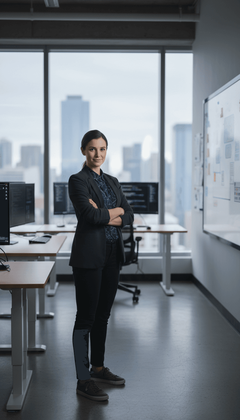 Confident female web developer standing in modern tech studio with city view visible through windows
