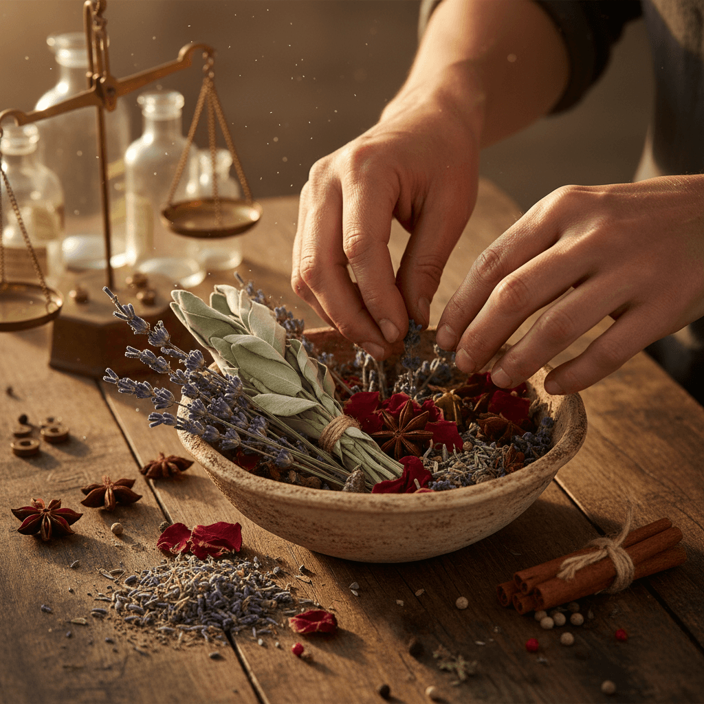 Plantas medicinais e ervas secas organizadas artesanalmente em tecido natural